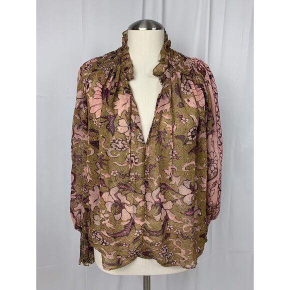 o.p.t One Pretty Time Smocked Tie Peasant Blouse Floral Metallic Threads size XS - Picture 1 of 15